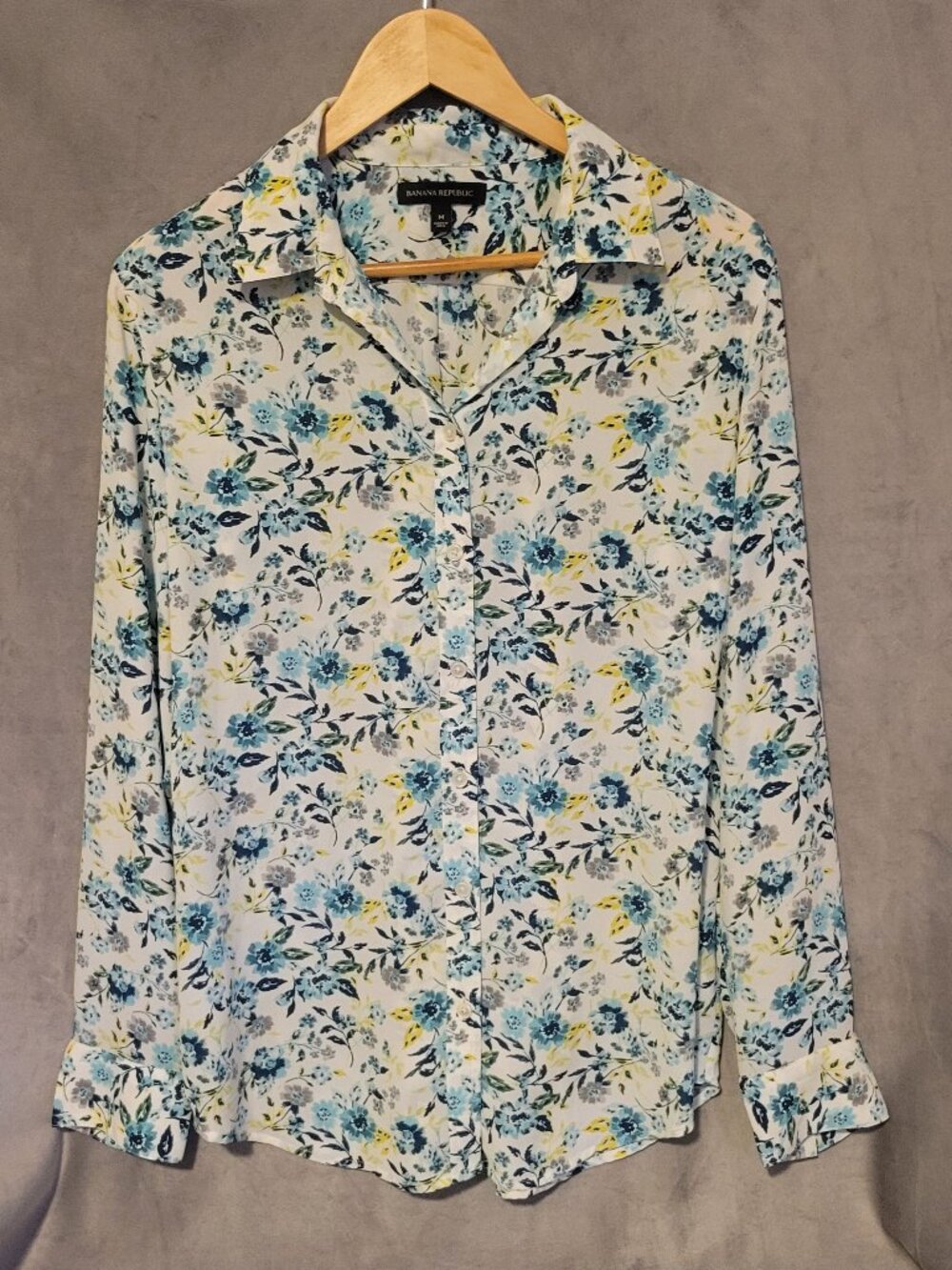 Banana Republic Floral Button-Up Collared Long Sleeve Blouse Blue White Yellow M